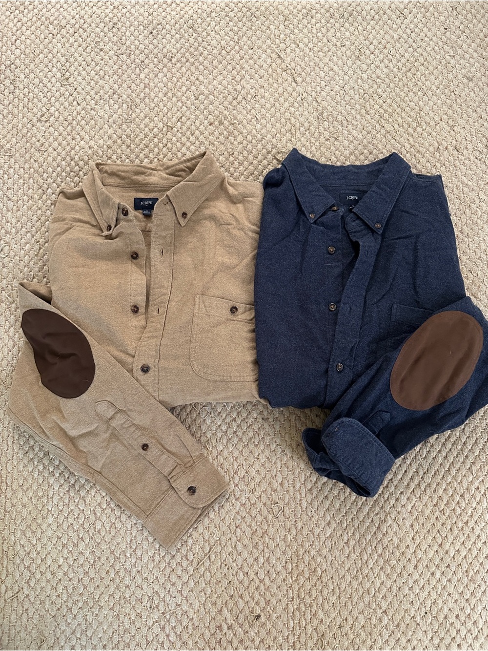 J. Crew 100% Cotton Tan and Navy Button-Up Shirt with Brown Elbow Patches
